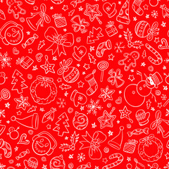 Christmas ornaments seamless pattern. Red and white doodle style vector illustration pattern for surface, t shirt design, print, poster, icon, web, graphic designs. 