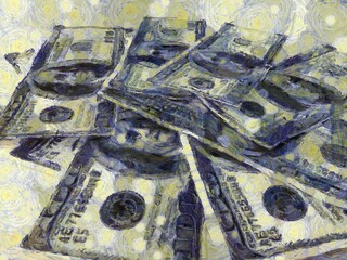 Multiple dollar bills Illustrations creates an impressionist style of painting.