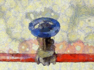 Red fire extinguisher valve and hose Illustrations creates an impressionist style of painting.