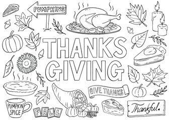 Thanksgiving ornaments doodle collection. Black and white doodle style vector illustration. © leavector