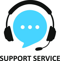 Support service with headphones. Concept of consultation, telemarketing, consultant, secretary isolated on white background. Flat style modern vector icon