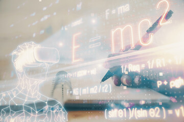Science formula hologram over woman's hands taking notes background. Concept of study. Double exposure