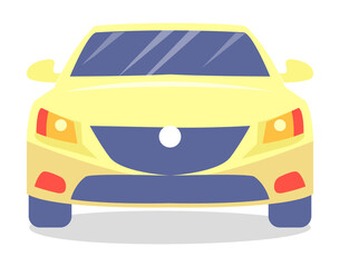 Yellow car vector template on white background. Business sedan isolated. Automobile front view flat style. Vehicle with tinted windows. Convenient mean of transportation, modern model of car