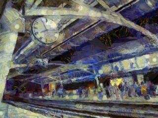 Landscape of the sky train station at night Illustrations creates an impressionist style of painting.