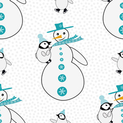 Snowman cuddles baby penguin plus skating emperor chick. Seamless vector pattern background. Blue white winter scene backdrop with snowball texture. Fun hand drawn cartoon geometric all over print