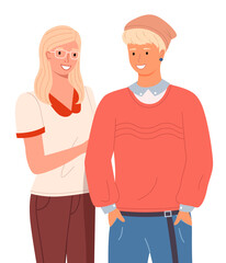 Young people in formal clothes isolated on white background. Friends guy and girl, couple in love. Smiling man and woman standing straight. Married couple husband and wife. Colleagues portrait