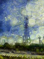 High voltage pole landscape Illustrations creates an impressionist style of painting.