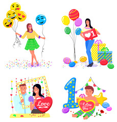 People taking photos with inflatable balloons vector, isolated set of characters flat style. Woman with emoticons and threads. Boy celebrating birthday ad couple with love sign photozone accessories