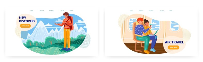 Man using compass while hiking in mountains. Adventure travel and explore vector concept illustration. Couple in air plane work with laptop and drink wine. Web site design template for air travel