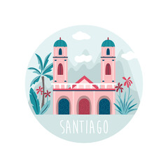 Santiago city vector illustration with cathedral at Placa de Armas and mountains behind.