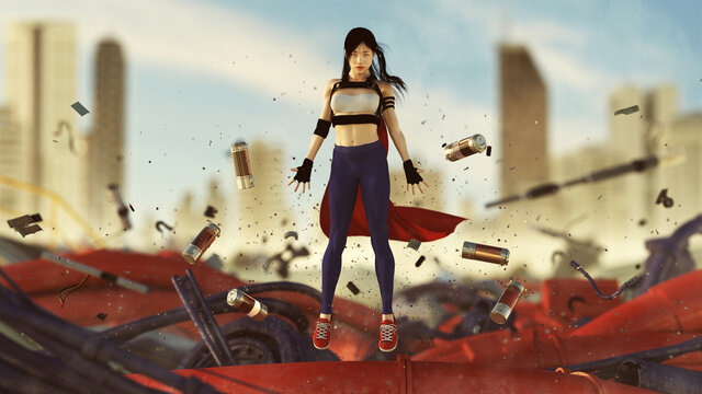Cyberpunk Superhero floating with Telekinetic Powers Rising Above Red Dusty Wreckage with a Cyberpunk City Background 3d illustration