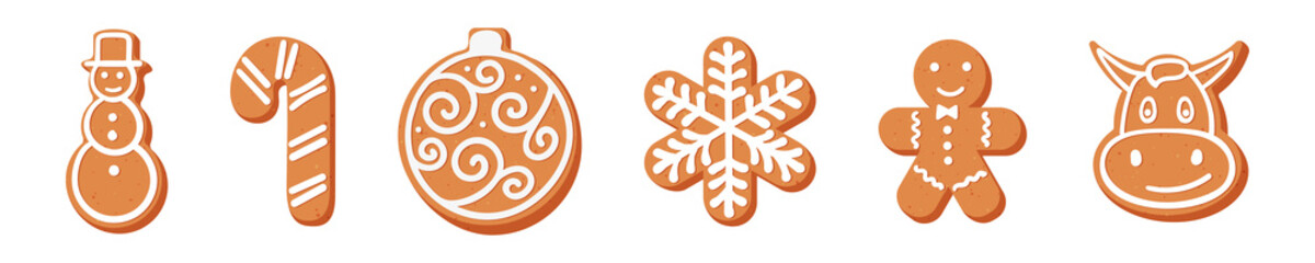 Set of Christmas or New year's gingerbread. The carvings are decorated with icing sugar. Vector stock flat illustration isolated on a white background