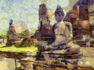 Ancient Ruins in Ayutthaya Illustrations creates an impressionist style of painting.