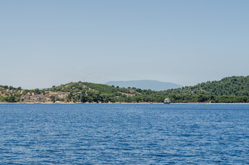 Evia island, Greece - June 28. 2020: Panorama of access to the beach on the island of Lihada - Greece 