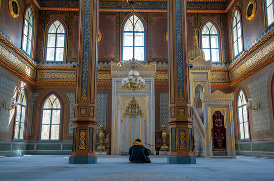 Istanbul, Turkey -22 April, 2019: Interior of Yildiz Hamidiye Mosque (Turkish: Yildiz Camii), built by Sultan Abdulhamid II, 1885 in Besiktas. Next to Yıldız Palace (Sarayı)