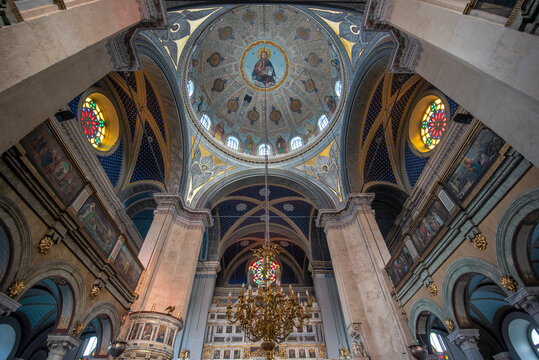Istanbul, Turkey - June 28, 2019: Interior of Hagia Triada Greek Orthodox Church (Turkish: Aya Triada Rum Ortodoks Kilisesi)