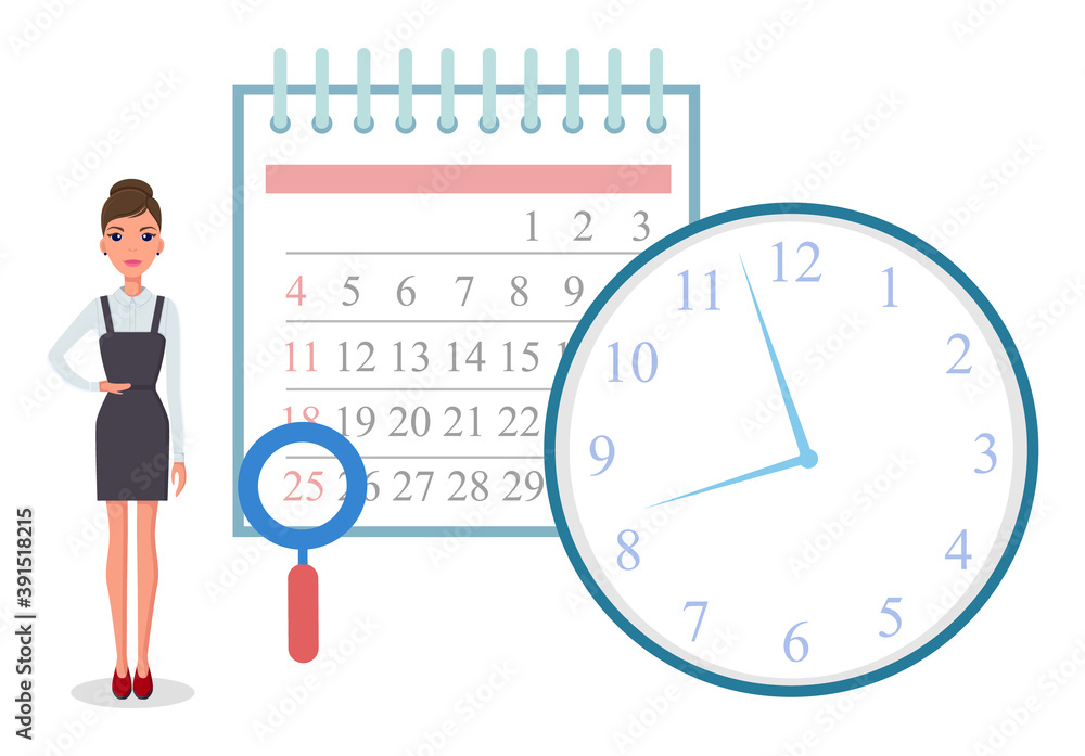 Poster business operations planning and scheduling concept with businesswoman standing near calendar and ti