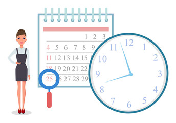 Business operations planning and scheduling concept with businesswoman standing near calendar and time with clock on white background cartoon design vector. Time management organization of workflow