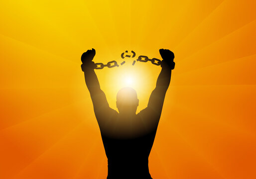 Freedom. Silhouette of man breaking chains in handcuffs. Vector illustration;