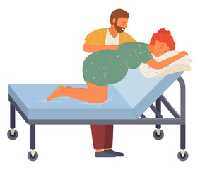 Pregnancy preparing, wife and husband make a position training on a medical sofa. Exercising for pregnant woman, giving birth position or pose. Female character waiting for childbirth with caring man