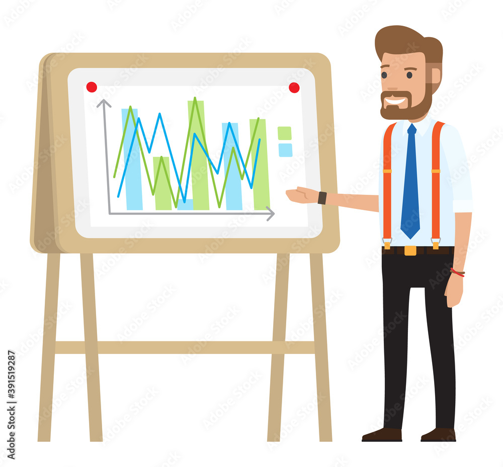 Poster businessman makes presentation near flip chart on board. speaker leads workshop explains statistics.