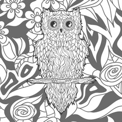 Fototapeta premium Square shape with patterned owl. Hand drawn background. Black and white illustration