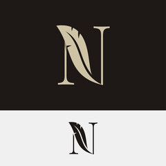 Letter N with feather logo on black and white