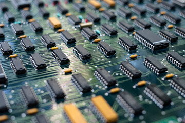 Closeup Electronic circuit board ( PCB )components detail and An integrated circuit (ic)
