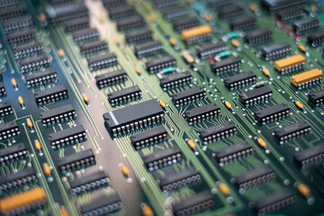 Closeup Electronic circuit board ( PCB )components detail and An integrated circuit (ic)