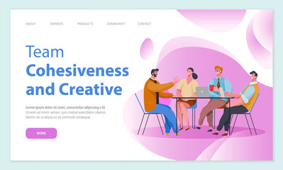 Team cohesiveness and creative website vector. Idea concept for successful business teamwork, creative innovation. Office workers sitting at a table with laptops and communicating. Webpage template