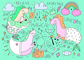 Cute cartoon unicorns. Cute collection of mermaid unicorns. Hand drawing color. Decor for baby things
