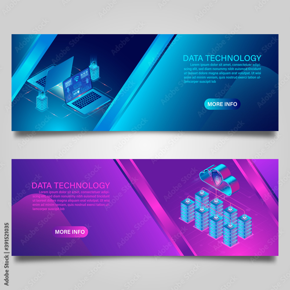 Poster banner data technology and cloud computing concept for business isometric design
