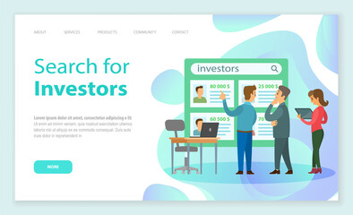Search for investors website vector. Choice of business investor. Office managers, business director search finance opportunities magnifying looking at presentation. Webpage template, landing page