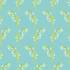 Vector geometric botany lily of the valley pattern with hand drawn flower and heart on teal background. Seamless nature background. Perfect for mothers day, valentine, wedding, gift wrap, paper