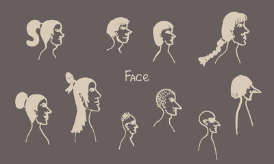 Half face silhouette. Vector hand drawn ink illustration. People's head side view. Simple line art portrait