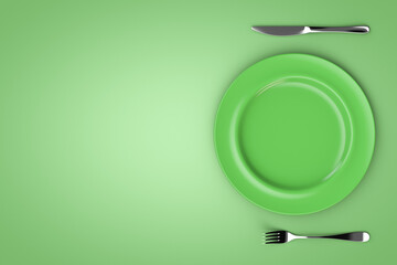Food set. Empty plate and knife with fork. Green style. Top view.