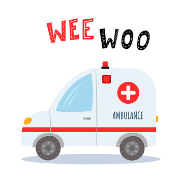 Ambulance in flat cartoon style on white background. With letterong WEE WOO. Vector