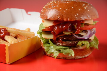 American burger and french fries 
