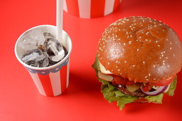 American burger and soft drink. Traditional American fast-food
