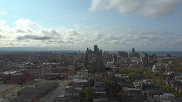 Aerial Pan Across downtown Buffalo New York skyline 4k establishing shot