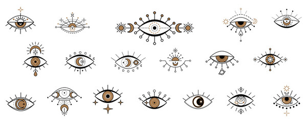 Evil seeing eye symbol set. Occult mystic emblem, graphic design tattoo. Esoteric sign alchemy, celestial bodies, providence sight, Vector eye boho design. Outline eyes symbols with moon, stars