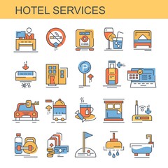 Hotel service. Set of icons for the site. Set of flat, vector, colored icons. The set contains icons such as reception, fitness center and others.