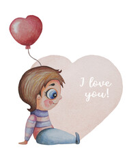 Romantic Valentine - I love you. A cute enamored boy sitting with a red balloon on a pink heart background. Watercolor. Hand drawing on a white background. for love design and childrens concept 