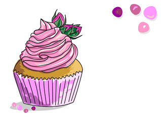 Vector image of a cupcake with butter cream and flower buds on top. A sketch of a cake painted as if with markers or watercolors. A place for lettering or congratulations. Hand-drawn illustration.
