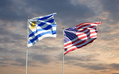 Fototapeta premium Beautiful national state flags of Uruguay and USA together at the sky background. 3D artwork concept.