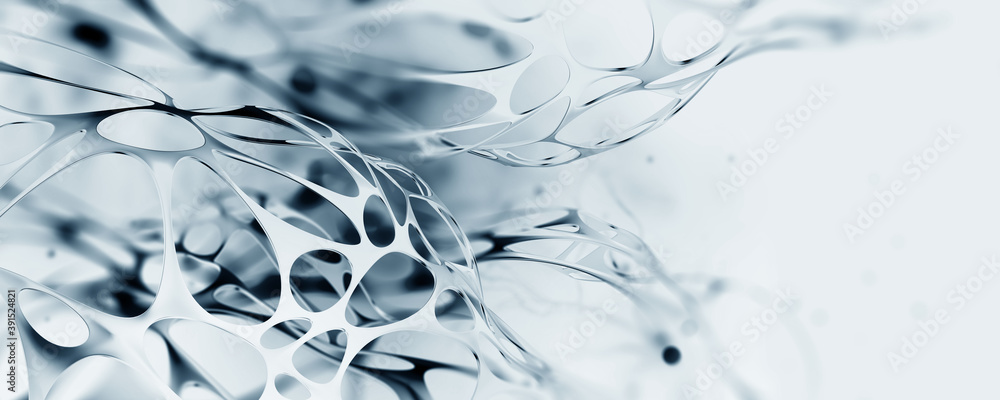Poster Communication and development. High resolution poster on high technology theme. Black and white abstract image of a neural network. 3D illustration of nanotechnological synthetic materials