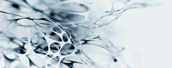 Communication and development. High resolution poster on high technology theme. Black and white abstract image of a neural network. 3D illustration of nanotechnological synthetic materials