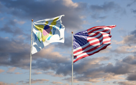 Beautiful national state flags of United States Virgin Islands and USA together at the sky background. 3D artwork concept.