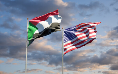 Beautiful national state flags of Sudan and USA together at the sky background. 3D artwork concept.