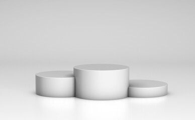 Empty podium, product shelf template. Gray cylinder pedestal and background. 3d render